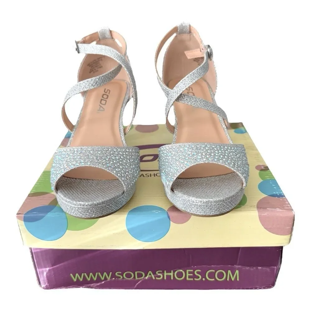 Soda Yuchi Silver Rhinestone Strappy Heels Girls Size 2 Little Kid Dress Shoes⁠